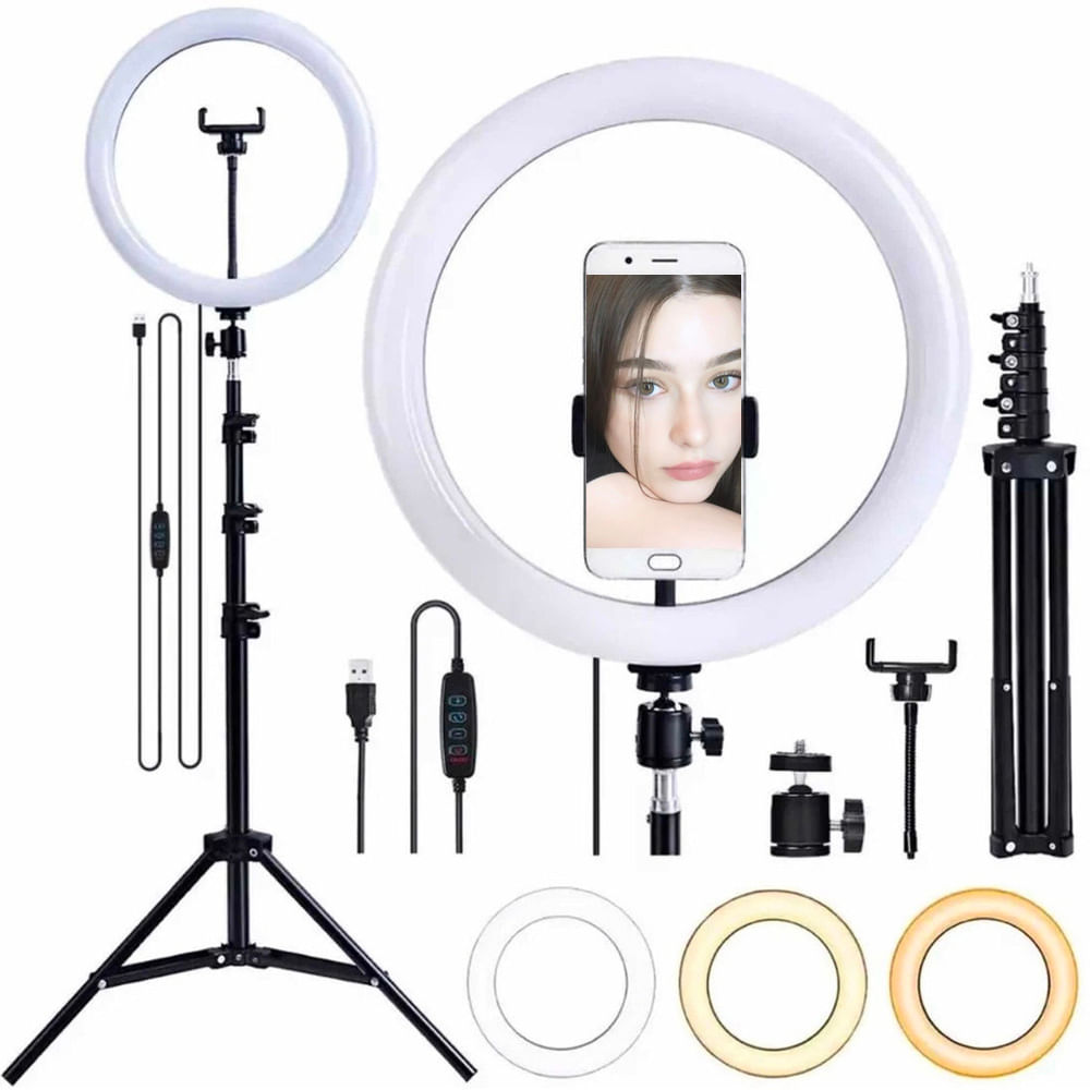 Ring Light Completo Iluminador Portátil 26cm Com Tripé 2,1m